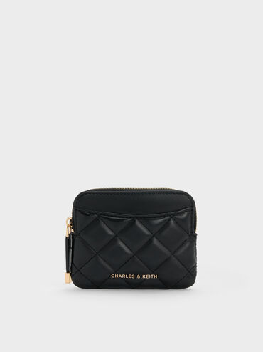 Alva Quilted Top-Zip Card Holder, Black, hi-res