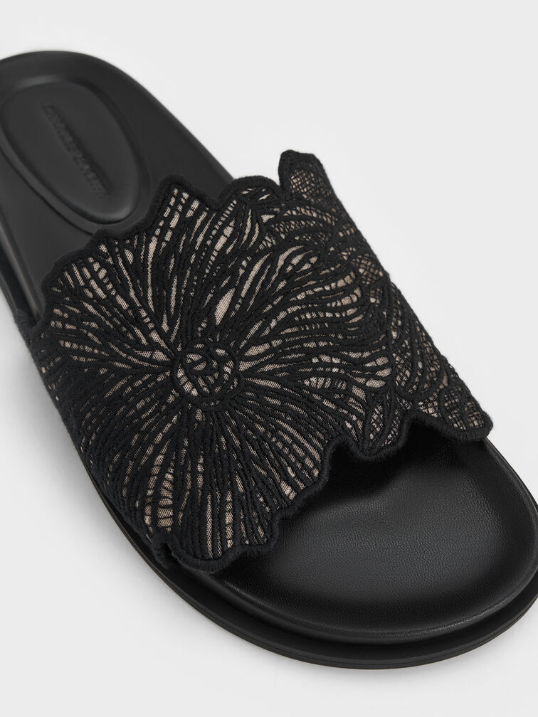 Dép quai ngang Meja Floral, Đen họa tiết, hi-res