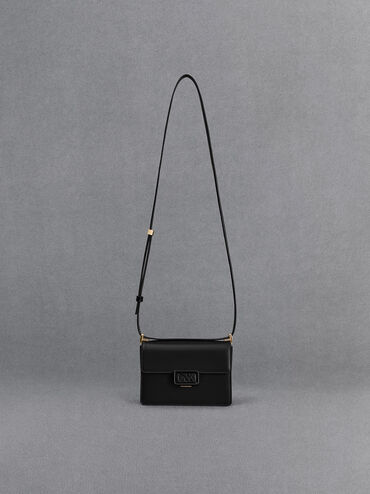 Túi đeo vai phom chữ nhật Leather Boxy, Đen, hi-res