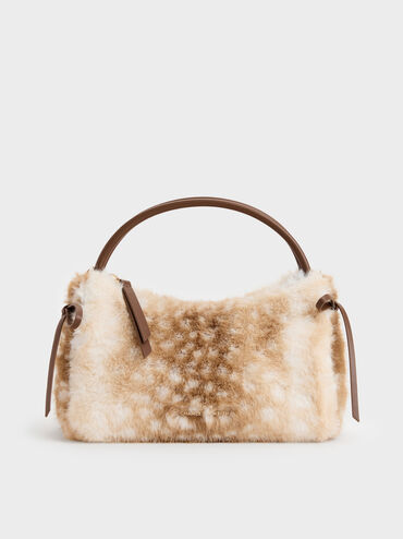 Hazel Furry Deer-Print Bow Top Handle Bag, Animal Print Brown, hi-res