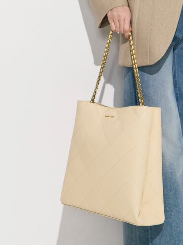 Túi tote Braided Handle Quilted, Be, hi-res