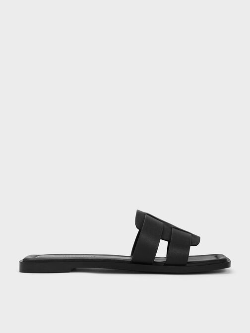 Trichelle Interwoven Leather Slide Sandals, Black, hi-res