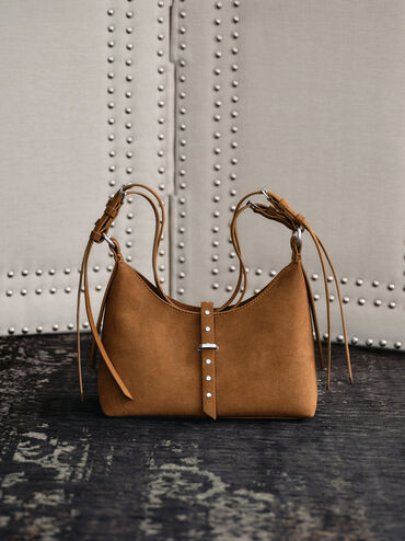 Lark Recycled Suede Studded Belted Shoulder Bag, Sienna Brown, hi-res