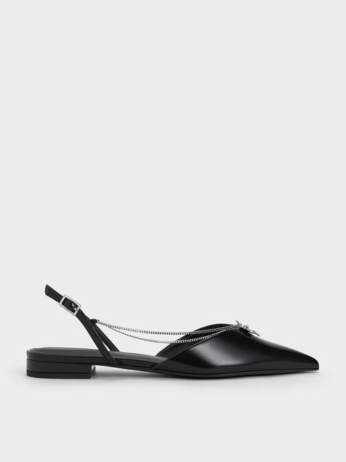 Flower-Accent Chain-Link Slingback Flats, Black Boxed, hi-res