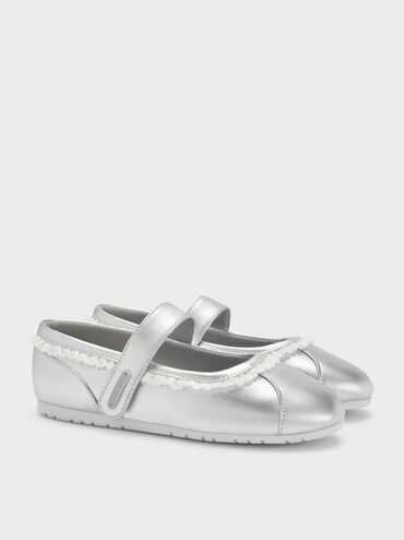 Girls' Metallic Lace-Trim Mary Jane Sneakers, Silver, hi-res