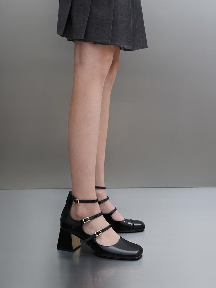 Patent Triple-Strap Cap-Toe Mary Jane Pumps, Black Patent, hi-res