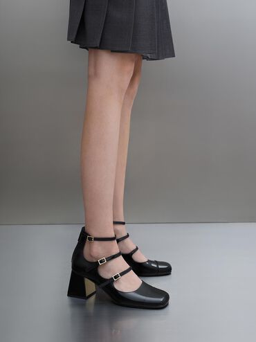 Patent Triple-Strap Cap-Toe Mary Jane Pumps, Black Patent, hi-res