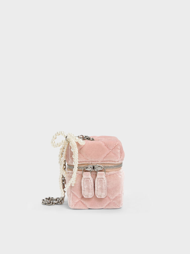 Janie Velvet Quilted Pearl-Bow Micro Bag, Pink, hi-res