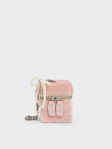 Janie Velvet Quilted Pearl-Bow Micro Bag, Pink, hi-res