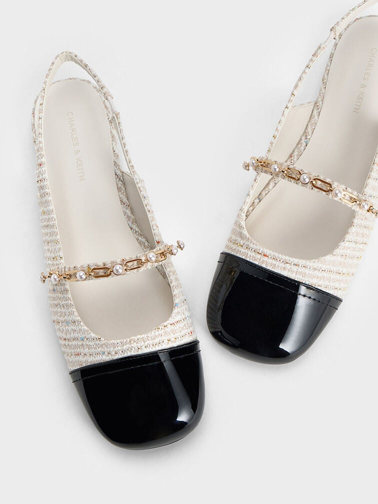 Giày búp bê mũi vuông Tweed Beaded Chain-Link Slingback, Kem, hi-res
