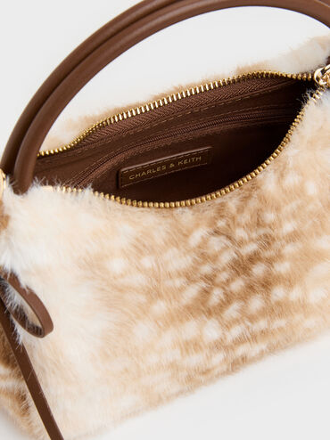 Hazel Furry Deer-Print Bow Top Handle Bag, Animal Print Brown, hi-res