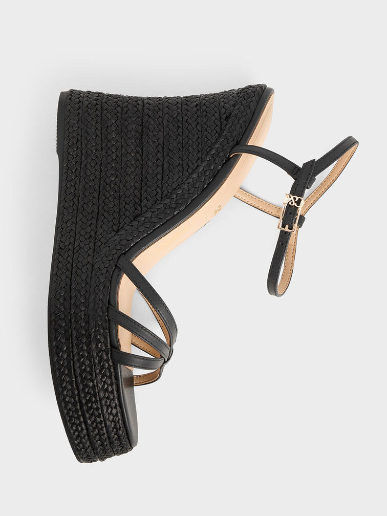 Gi&agrave;y đế xuồng hở mũi Leather Strappy Espadrille, Đen, hi-res