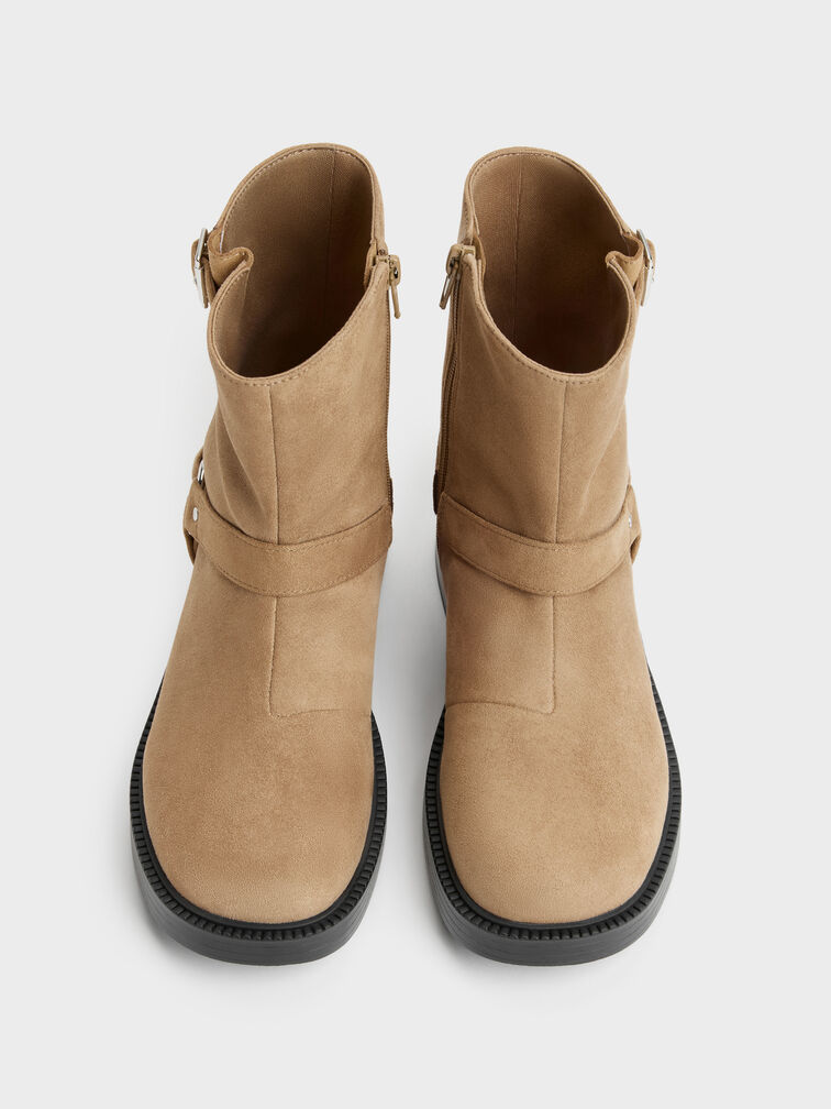 Girls' Faux Suede Buckled Ankle Boots, Sand, hi-res