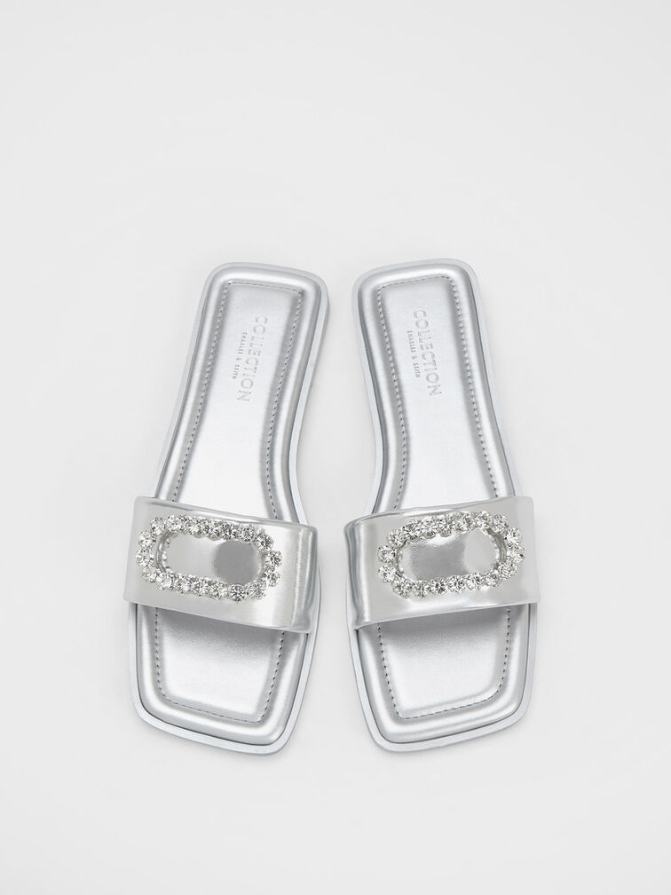Gem-Embellished Metallic Leather Slides, Silver, hi-res