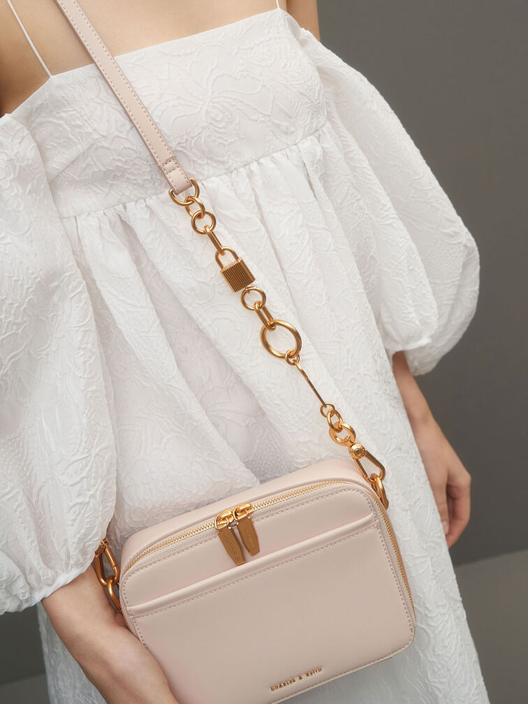 Chunky Chain Handle Two-Way Zip Crossbody Bag, Light Pink, hi-res