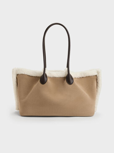 XL Cosima Fur-Trim Tote Bag, Sand, hi-res