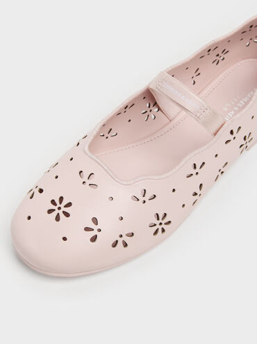 Girls' Floral Cut-Out Mary Jane Flats, Light Pink, hi-res