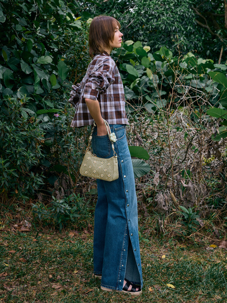 T&uacute;i đeo vai h&igrave;nh thang Philomena Raffia Flower, Pale Olive, hi-res