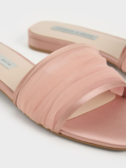 Recycled Polyester & Chiffon Ruched Slides, Nude, hi-res