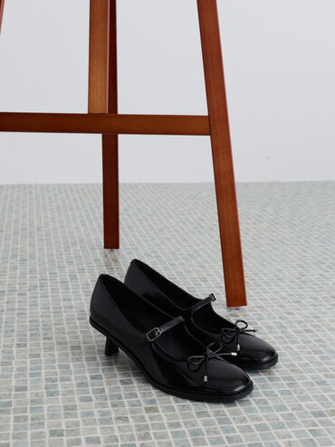 Giày cao gót bít mũi Wendy Bow, Đen bóng nhám, hi-res