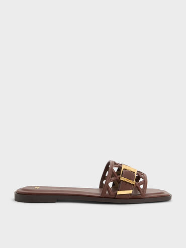 Whitney Leather Cut-Out Slide Sandals, Brown, hi-res