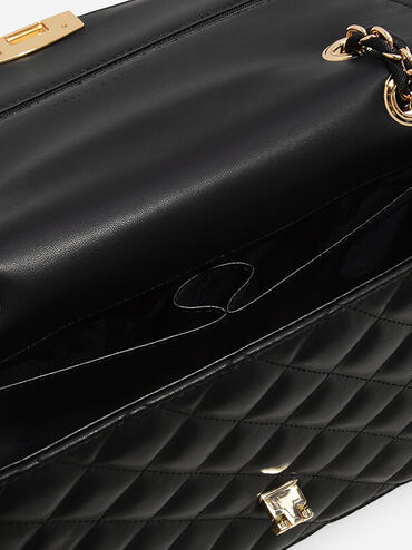 Quilted Push-Lock Clutch, Black, hi-res