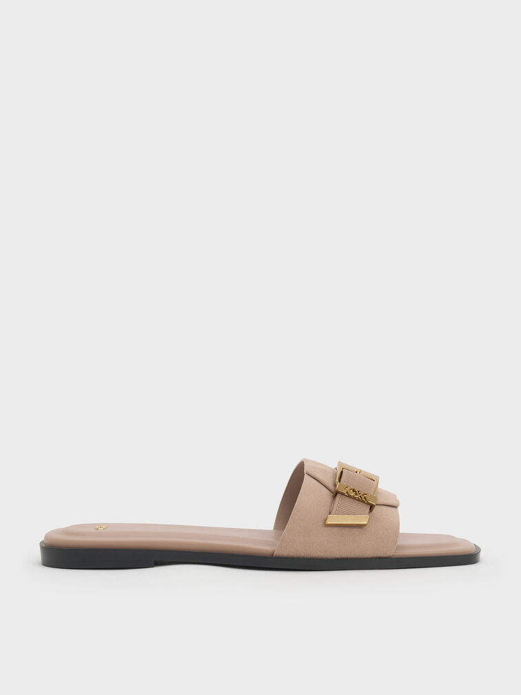 Whitney Suede & Leather Buckled Square-Toe Slide Sandals, Taupe, hi-res