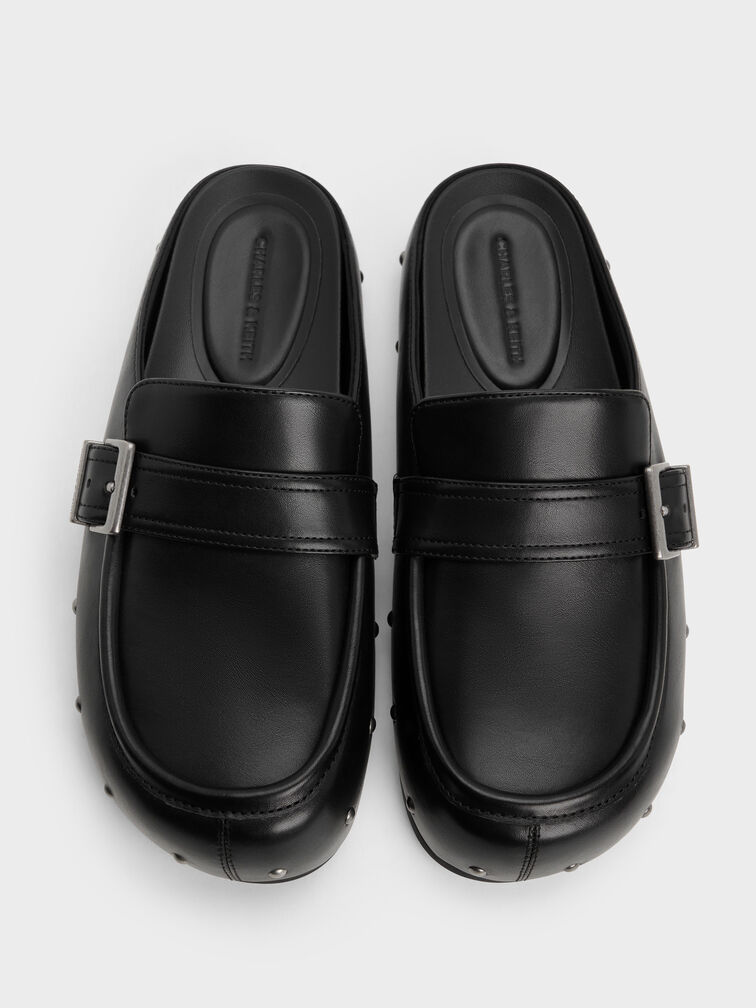 Studded Buckled Flat Mules, Black, hi-res