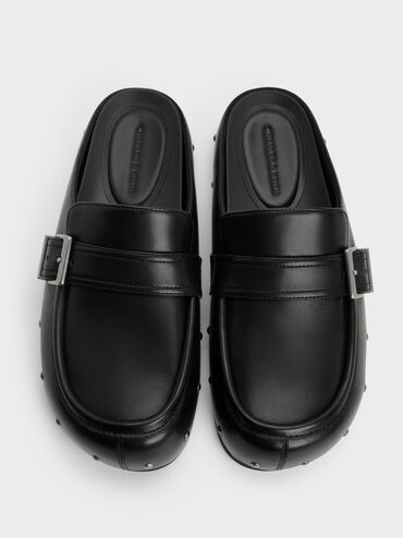 Studded Buckled Flat Mules, Black, hi-res