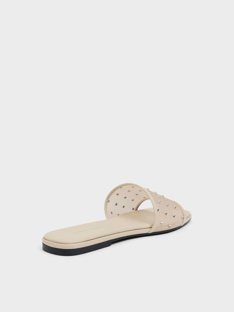 Mesh Crystal Slide Sandals, Beige, hi-res