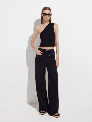 Aubrey Rectangular Recycled Acetate Sunglasses, Black, hi-res