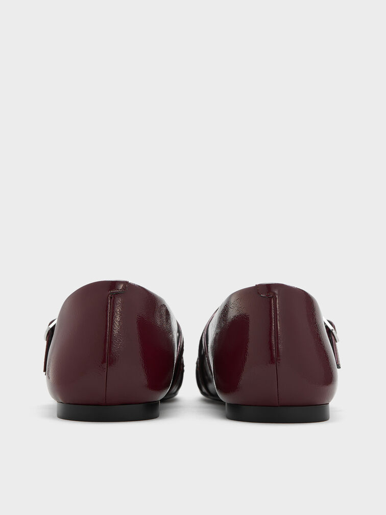 Patent Triple-Strap Crossover Mary Jane Flats, Burgundy, hi-res