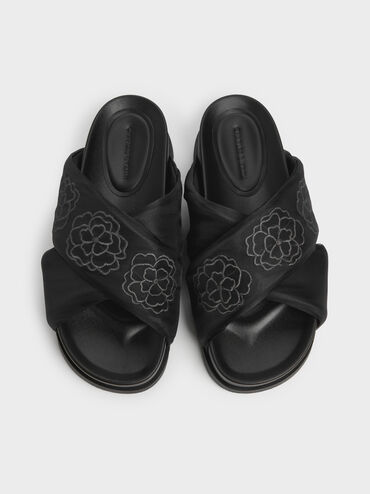 D&eacute;p quai ch&eacute;o Satin Embroidered-Flower, Đen họa tiết, hi-res