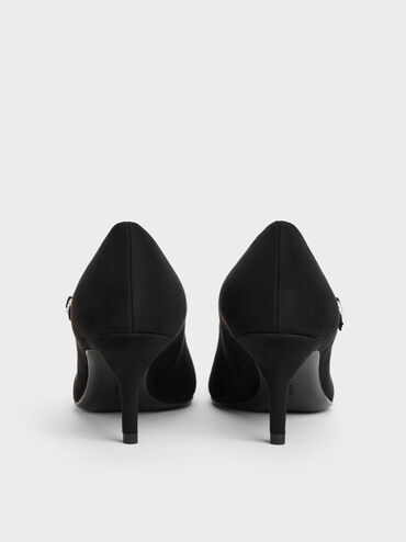 Faux Suede Asymmetric-Strap Pumps, Black Textured, hi-res