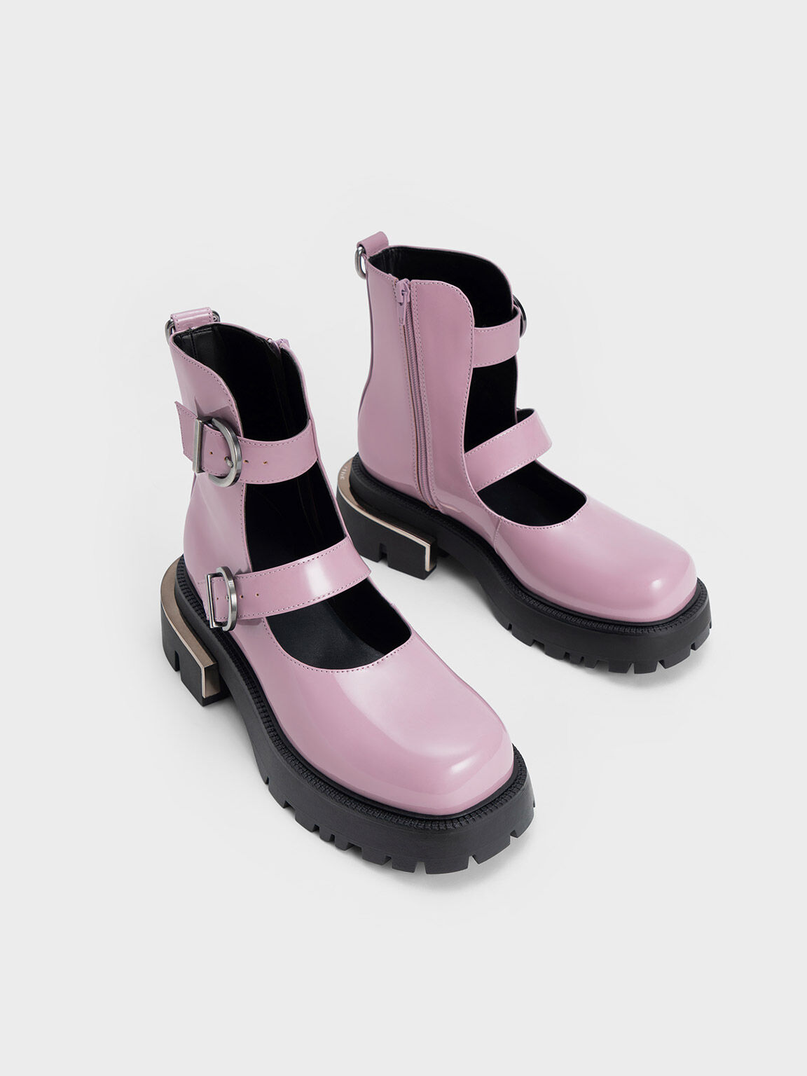 Giày boots mũi vuông Selma Patent Buckled Chunky, Xám hoa lilac, hi-res