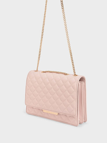 Quilted Chain Strap Shoulder Bag, Pink, hi-res