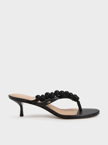 Leather Beaded Thong Kitten Heels, Black, hi-res