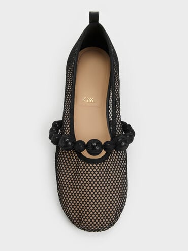 Leather Mesh Beaded Mary Jane Flats, Black Textured, hi-res
