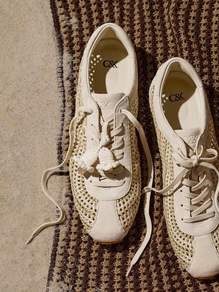 Jace Crochet & Suede Flower Sneakers, Chalk, hi-res