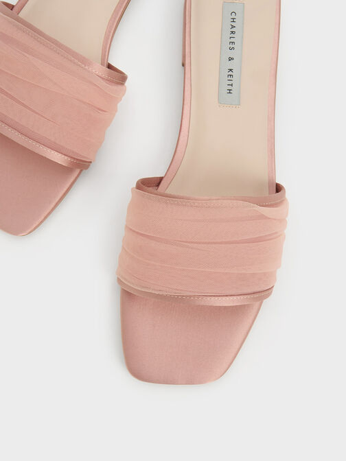 Recycled Polyester & Chiffon Ruched Slides, Nude, hi-res