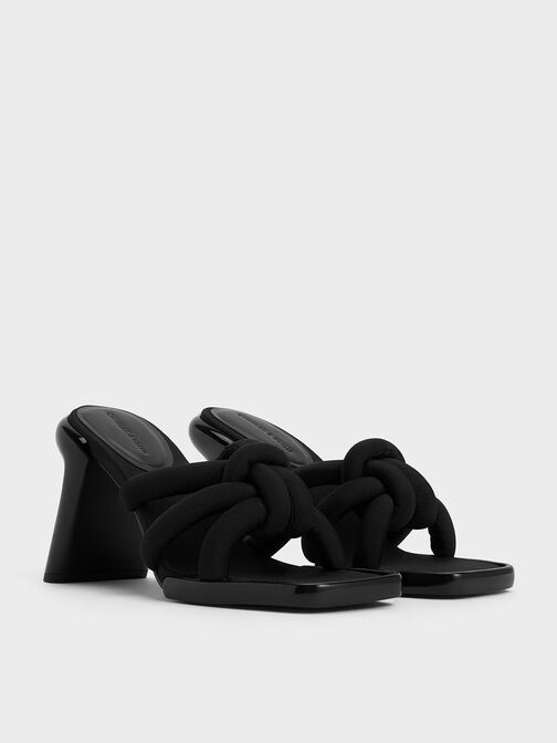 Toni Knotted Puffy-Strap Mules, Black Textured, hi-res