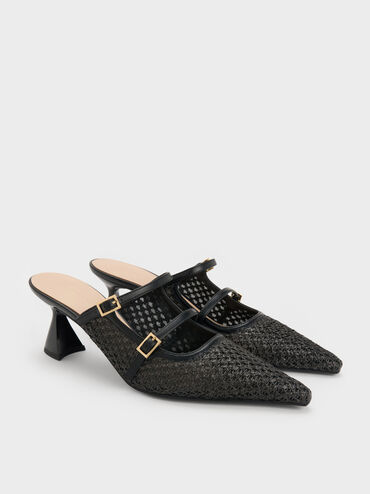 Gi&agrave;y mules cao g&oacute;t Raffia, Đen họa tiết, hi-res