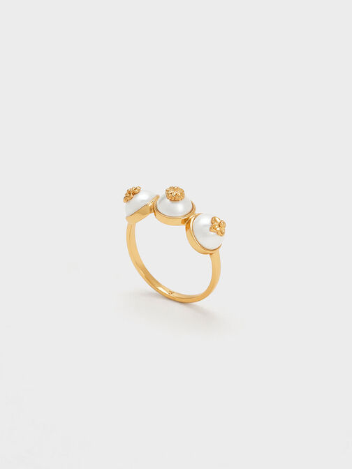Flower-Embellished Triple Pearl Ring, Gold, hi-res