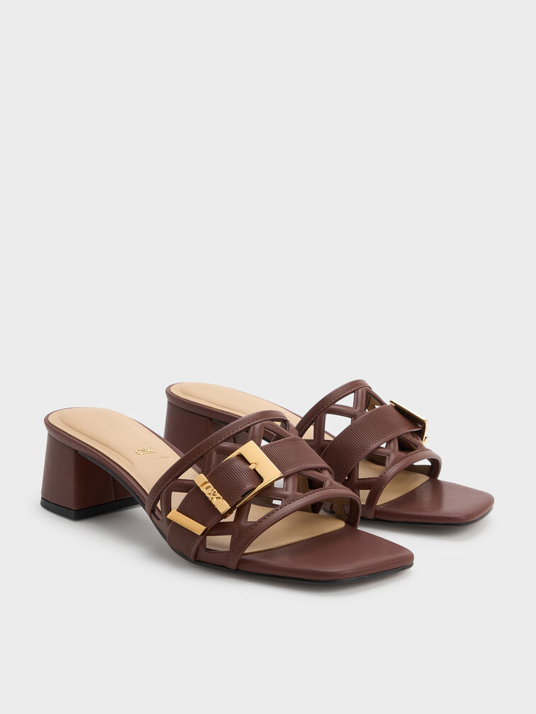 Whitney Leather Cut-Out Heeled Mules, Brown, hi-res
