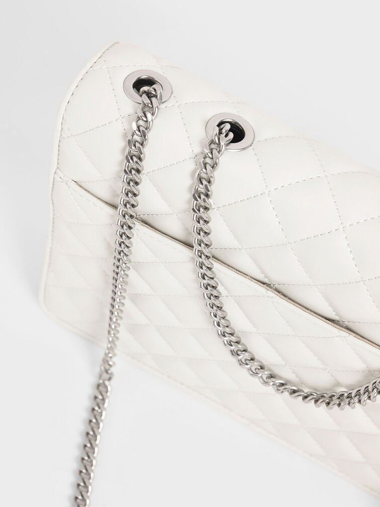 Túi đeo vai nữ phom chữ nhật nắp gập Quilted Chain Strap, Trắng, hi-res