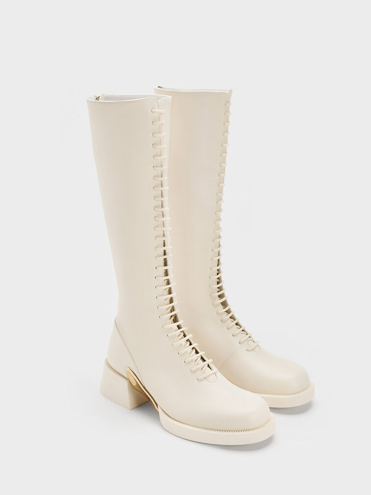 Giày boots cổ cao Devon Metallic-Accent Lace-Up, Phấn, hi-res