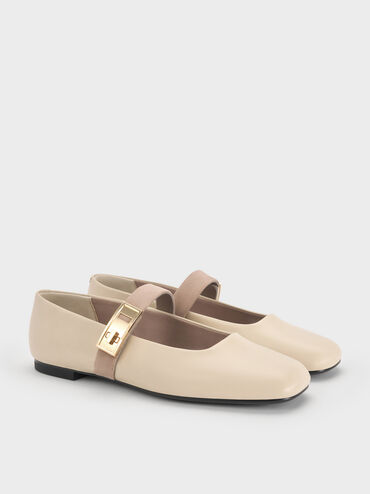 Lando Two-Tone Metallic-Buckle Mary Jane Flats, Chalk, hi-res