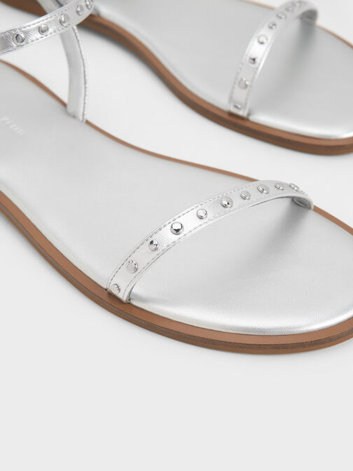 Giày sandals Metallic Studded Open-Toe, Bạc, hi-res