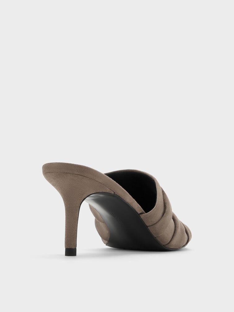 Faux Suede Ruched Heeled Mules, Taupe, hi-res