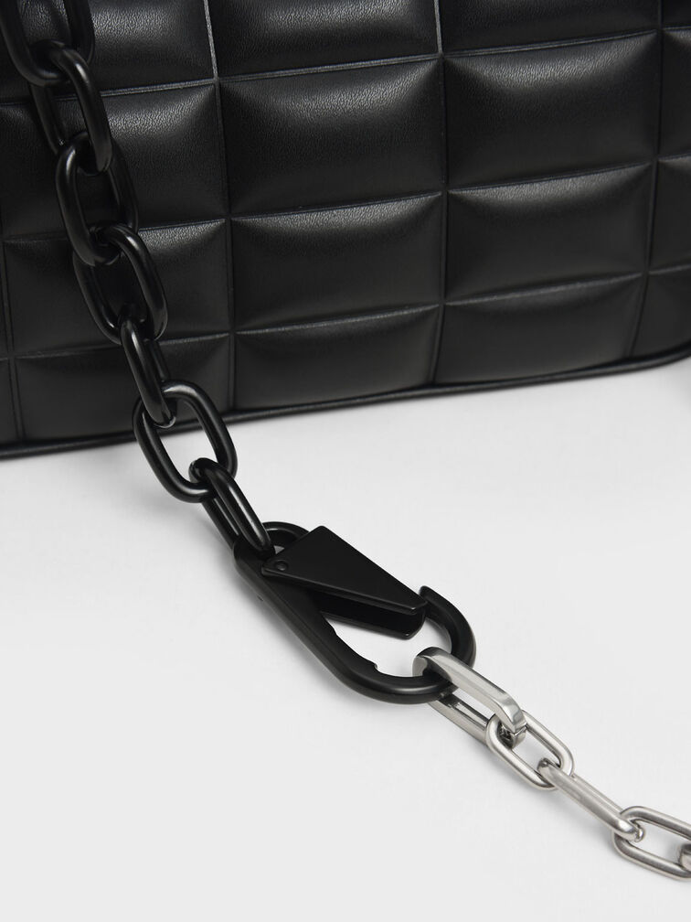 Túi đeo vai chữ nhật Quilted Chain, Đen, hi-res